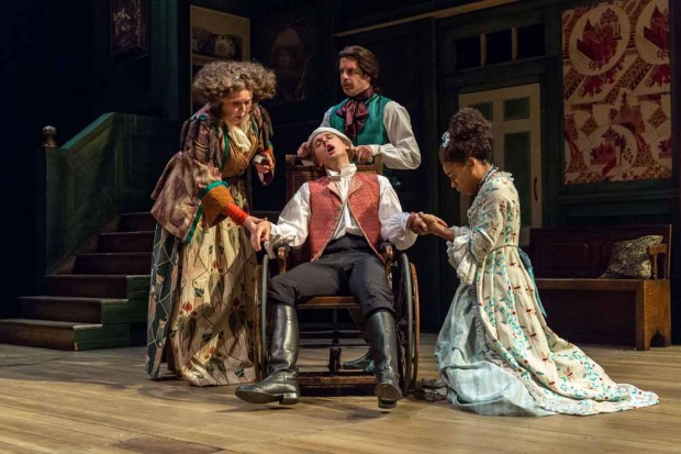 Jane Booker, Samuel Barnett, Geoffrey Streatfeild and Pippa Bennett-Warner in The Beaux’s Stratagem. Photo: Manuel Harlan