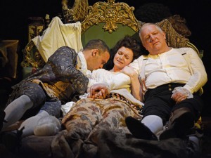 Joseph Millson, Dervla Kirwan and Simon Russell Beale in Mr Foote’s Other Leg. Photo: Nobby Clarke