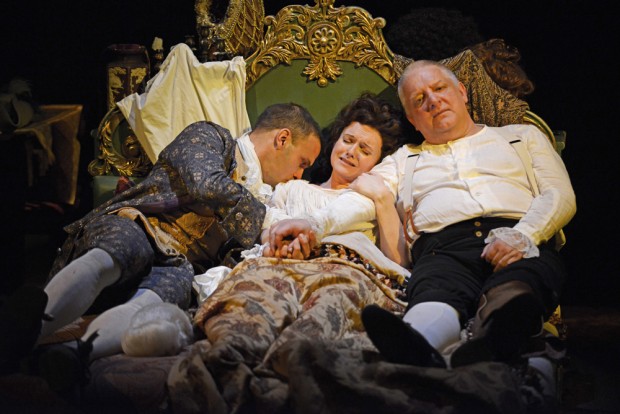 Joseph Millson, Dervla Kirwan and Simon Russell Beale in Mr Foote’s Other Leg. Photo: Nobby Clarke