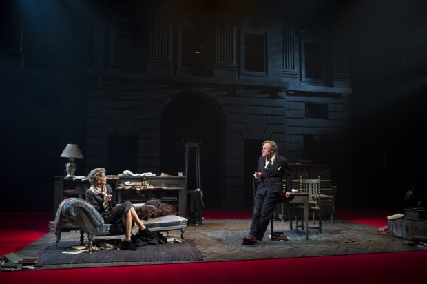 Belinda Lang and Nicholas Farrell in Single Spies. Photo: Alastair Muir