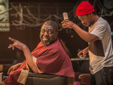 David Webber and Fisayo Akinade in Barber Shop Chronicles. Photo: Marc Brenner