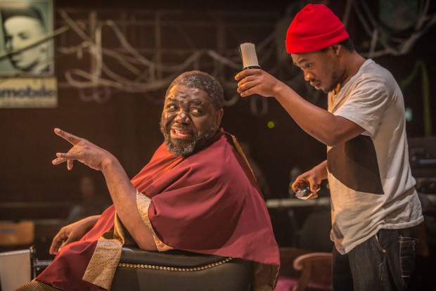 David Webber and Fisayo Akinade in Barber Shop Chronicles. Photo: Marc Brenner