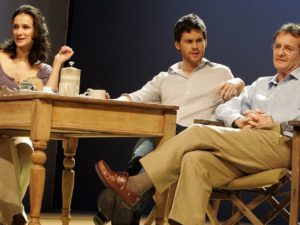 Indira Varma, Tom Riley and Anton Lester in The Vertical Hour. Photo: Keith Pattison