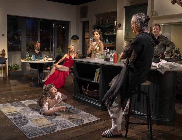 John Hopkins, Molly Osborne, Lisa Dwan, Pooya Mohseni, Timothy Hutton and Jason Merrells in The Sex Party. Photo: Alastair Muir