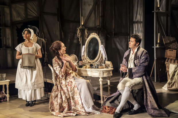 Anushka Chakravarti, Rachael Stirling and Dominic Rowan in The Divine Mrs S. Photo: Johan Persson