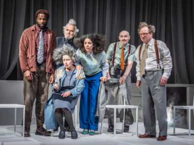 Ṣọpẹ́ Dìrísù, Hayley Carmichael, Alan Williams, Anouska Lucas, John Biddle and Paul Hunter in Rhinoceros. Photo: Marc Brenner