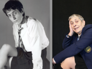 Claire Dowie in Why Is John Lennon Wearing a Skirt? in 1990 and now. Photos: Colin Watkeys