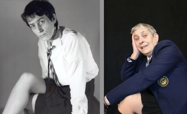Claire Dowie in Why Is John Lennon Wearing a Skirt? in 1990 and now. Photos: Colin Watkeys